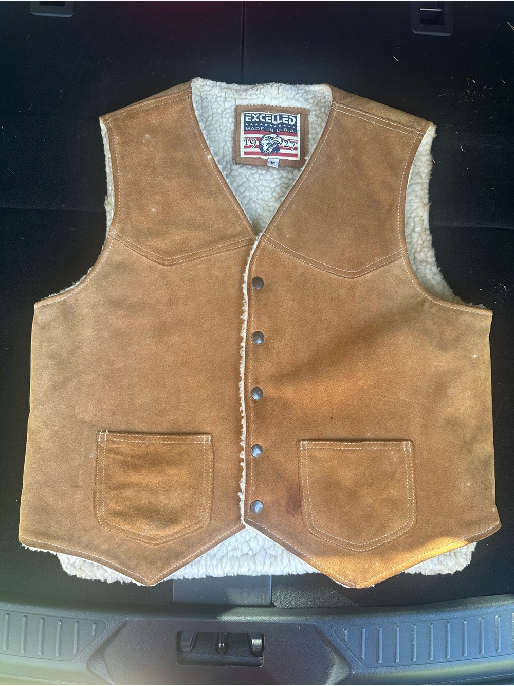 Vintage Excelled Suede Leather Sherpa Lined Western Vest Tan USA Men's M